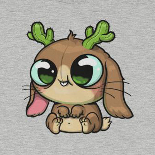The Cactalope Tee from Bindlewood Shop showcases a charming Cactalope creature that echoes Chris Ryniak's whimsical style, complete with large green eyes and cactus-like antlers. This enchanting design features long floppy ears, a round body, and small paws, all set against a gray background to highlight its playful expression.