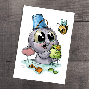 Cute cartoon seal from Thimblestump Hollow, wearing a top hat having a heartwarming moment with a "Squish Frog" Print by Chris Ryniak, as a friendly bee watches on.