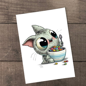A cute animated grey kitten with big eyes eagerly about to eat a colorful bowl of cereal, with a tiny mouse friend from Thimblestump Hollow looking on, featuring the "Sugar Junk" Print by Chris Ryniak.