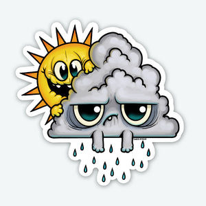 Rainy Day Friends Sticker design featuring a cheerful sun peeking behind a gloomy, teary-eyed cloud with raindrops falling, illustrated in a cartoon style with bold outlines and a matte finish by Bindlewood Shop.