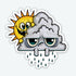 Rainy Day Friends Sticker design featuring a cheerful sun peeking behind a gloomy, teary-eyed cloud with raindrops falling, illustrated in a cartoon style with bold outlines and a matte finish by Bindlewood Shop.