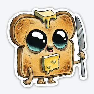 An adorable Bindlewood Shop Toastboy Sticker of a piece of toast with big, expressive eyes, a pat of melting butter on its head, holding a knife with one hand, seemingly ready to spread more butter.