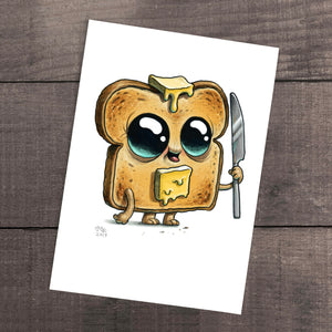 Adorable animated "Toastboy" character, designed by Chris Ryniak and Amanda Spayd for Bindlewood, with butter melting on its head, holding a knife and looking ready for breakfast.