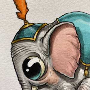 A detailed illustration of a Tiny Jumbo Print character sporting a whimsical, feather-topped helmet, signed by the artist Chris Ryniak on archival fine art paper, with a focus on its large, expressive eye and finely textured ear.