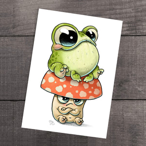 A whimsical illustration from Thimblestump Hollow of a cute, oversized-eyed frog sitting on top of a "Toad Stool" Print, which appears to be frowning with a comic expression by Chris Ryniak.
