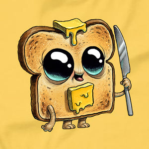 An adorable animated slice of bread, named Toastboy Tee from Bindlewood Shop, with big eyes and legs, holding a knife, topped with a pat of melting butter and a melting cheese square. This gender-neutral fit is