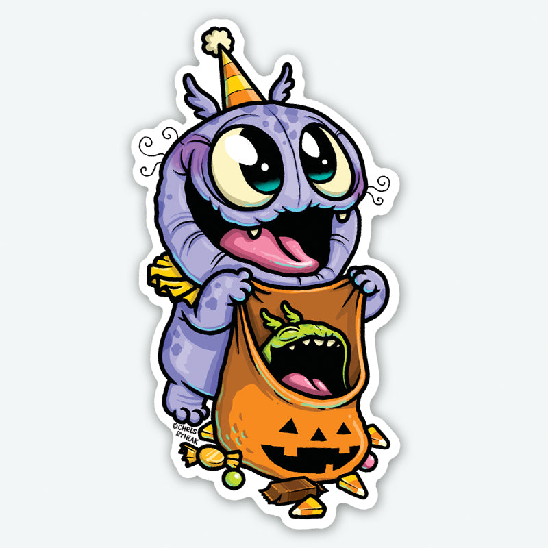 The Bindlewood Shop’s Treat Bag Surprise Sticker features a cute purple monster with big eyes and a party hat holding a candy-filled orange Halloween bag. This matte vinyl sticker adds festive flair wherever you stick it!.
