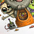 A playful Halloween trio from Chris Ryniak: a grinning skeleton, a fluffy one-eyed monster with a purple bow, and a green creature peeking from behind, with a tiny mouse featuring the "Treat Party" Print.