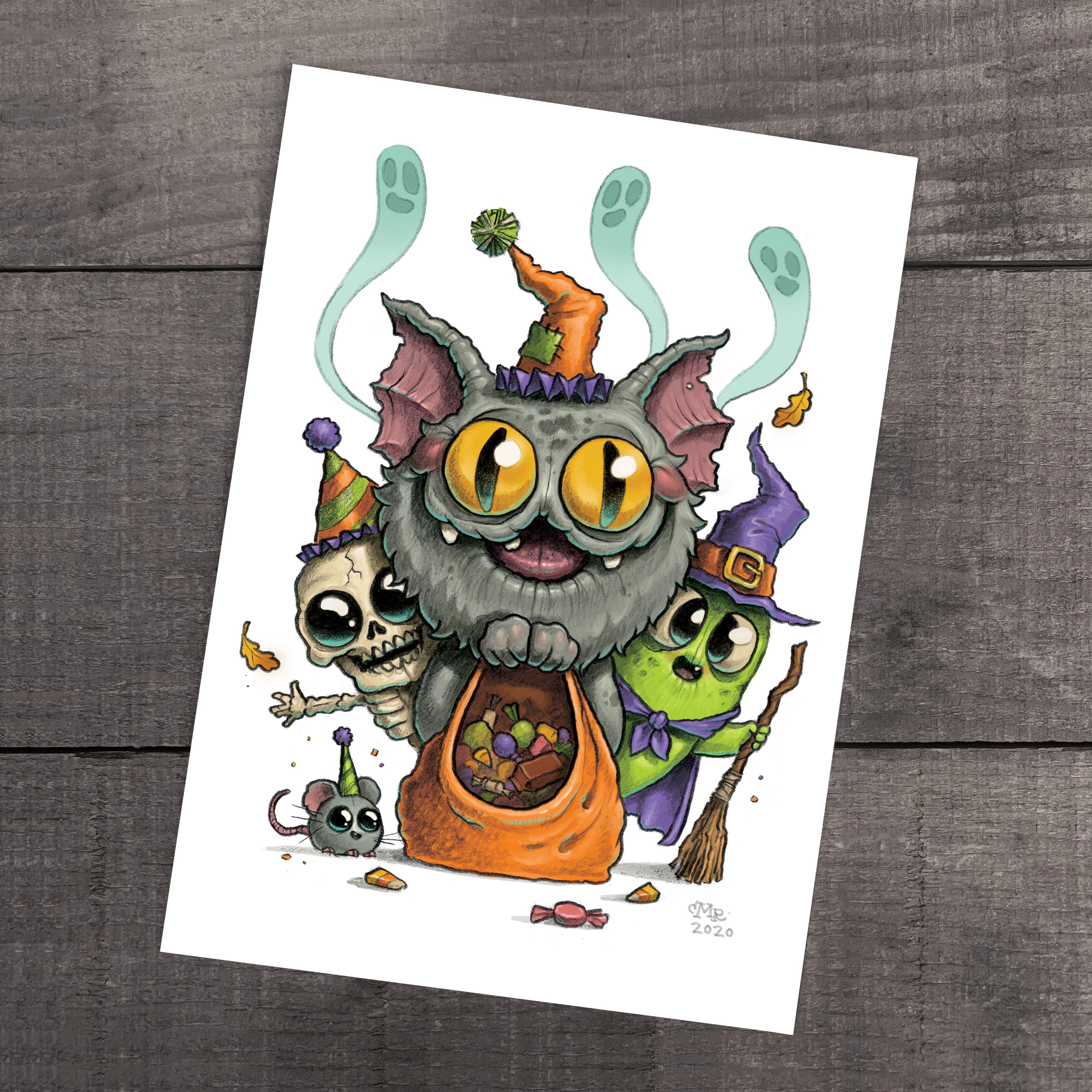 A whimsical halloween illustration showcasing a group of Thimblestump Hollow characters, including a happy pumpkin with large glasses, a ghost, a witch, a skull, and a cute little mouse "Treat Party" Print by Chris Ryniak.