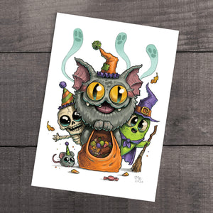 A whimsical halloween illustration showcasing a group of Thimblestump Hollow characters, including a happy pumpkin with large glasses, a ghost, a witch, a skull, and a cute little mouse "Treat Party" Print by Chris Ryniak.