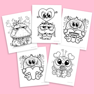 A collection of whimsical Valentine's Day Digital Coloring Pages featuring cute, cartoonish characters with hearts by Chris Ryniak, suitable for coloring and expressing love and affection.