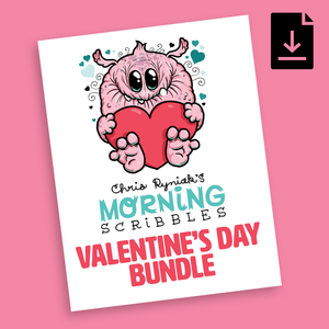 An adorable, fluffy pink monster with big eyes and a happy expression holds a red heart, with text "Chris Ryniak's Valentine's Day Digital Coloring Pack" displayed below.