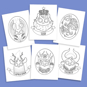 A collection of artistic zodiac sign illustrations featuring Capricorn, Leo, and Taurus, with a fantasy twist from the Dust Bunny Zodiac series by Amanda Louise Spayd, displayed on white backgrounds from the Bindlewood Shop's Dust Bunnies Zodiac Digital Coloring Book.