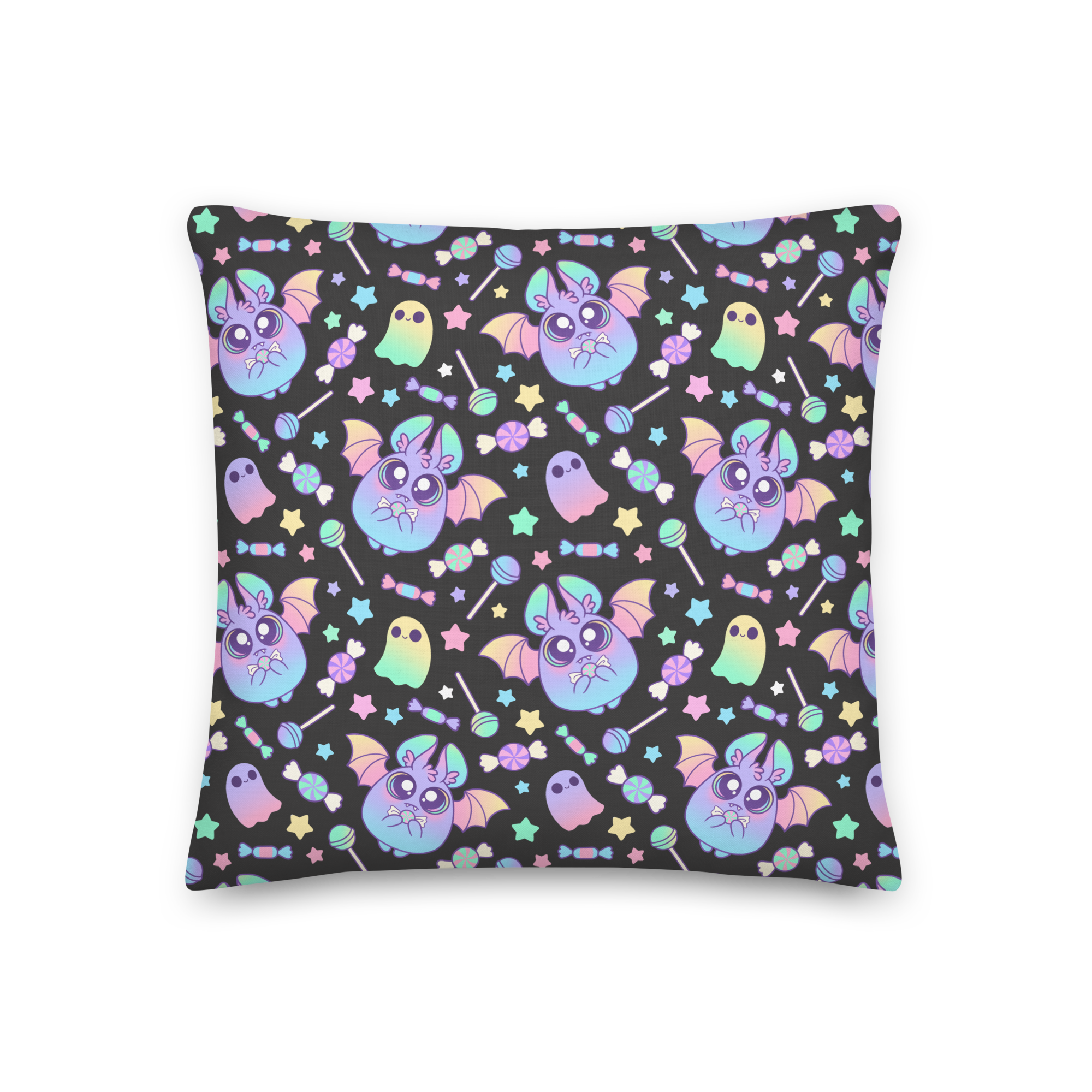 Introducing the Pastel Candy Bat Throw Pillow from Bindlewood Shop, a decorative pillow adorned with a whimsical pattern of pastel-colored bats, stars, and ghost-like shapes on a black background. These adorable Pastel Candy Bats have cute, friendly expressions and are surrounded by vibrant flowers and stars. This enchanting design brings charming playfulness to any space.