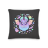 The Pastel Candy Bat Throw Pillow from Bindlewood Shop is a black, linen-textured pillow showcasing a colorful and adorable cartoon bat with large eyes and pastel wings. The whimsical design includes stars, candy, and playful ghost figures, making it an ideal addition to any space. It also comes with a shape-retaining insert for lasting comfort.