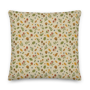 Introducing the Garden Sprite Throw Pillow by Bindlewood Shop—a rustic accessory featuring a beige background adorned with small, colorful illustrations of mushrooms, flowers, leaves, and acorns in earthy tones of green, brown, yellow, and orange. Perfect for adding a touch of cottagecore interior design to your home.