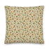 Introducing the Garden Sprite Throw Pillow by Bindlewood Shop—a rustic accessory featuring a beige background adorned with small, colorful illustrations of mushrooms, flowers, leaves, and acorns in earthy tones of green, brown, yellow, and orange. Perfect for adding a touch of cottagecore interior design to your home.