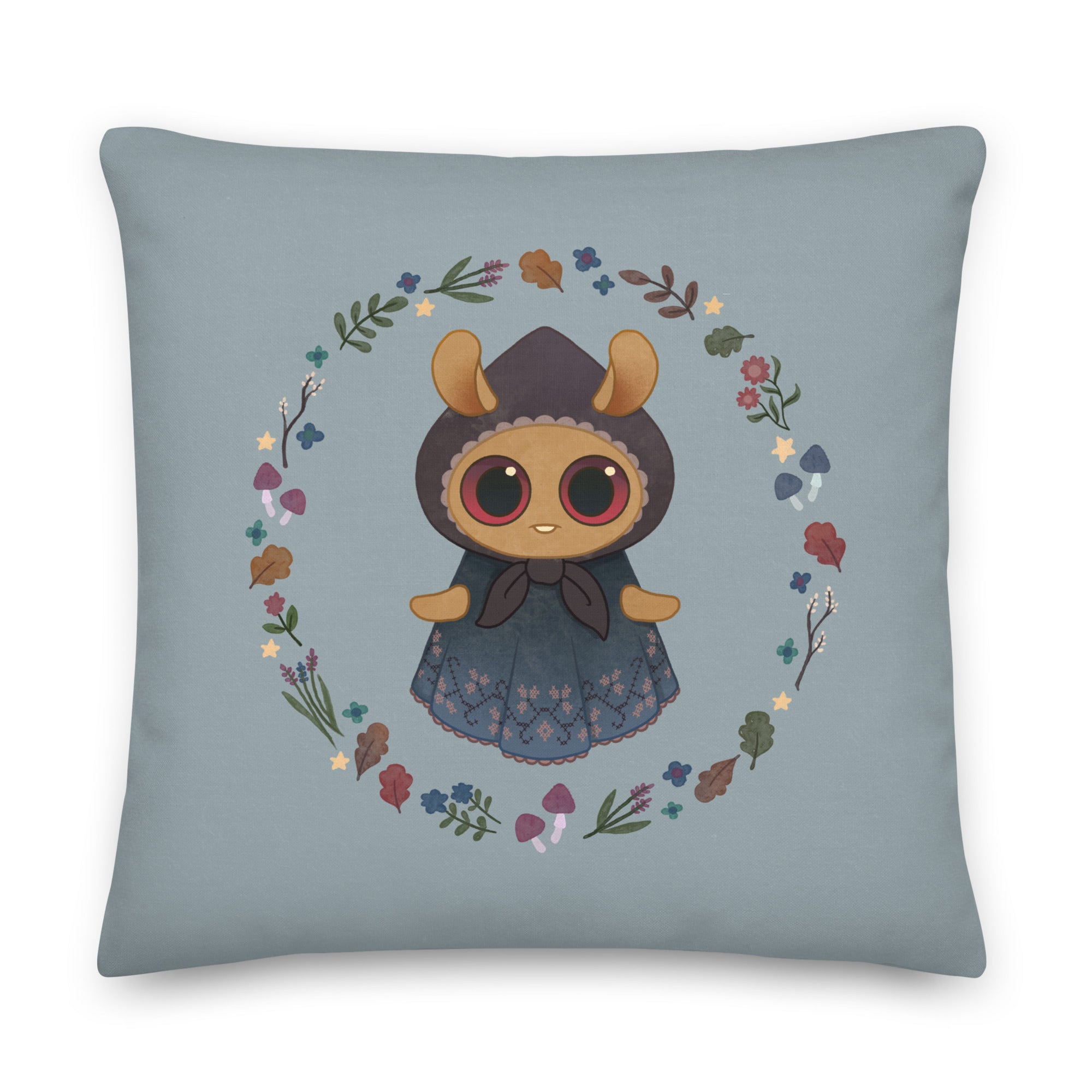 The Twilight Sprite Throw Pillow by Bindlewood Shop showcases an Amanda Louise Spayd illustration of a charming, round-eyed character in a bonnet and lacy dress. The character is encircled by a beautiful arrangement of flowers and leaves on a light grayish-blue background, making it ideal for cottagecore interior design.