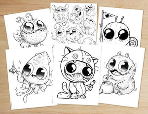 Six black-and-white drawings from a Chris Ryniak Morning Scribbles Digital Coloring Book, Vol. 1 featuring whimsical cartoon monsters with large eyes, each showcasing different playful expressions and activities, spread out on a wooden surface.
