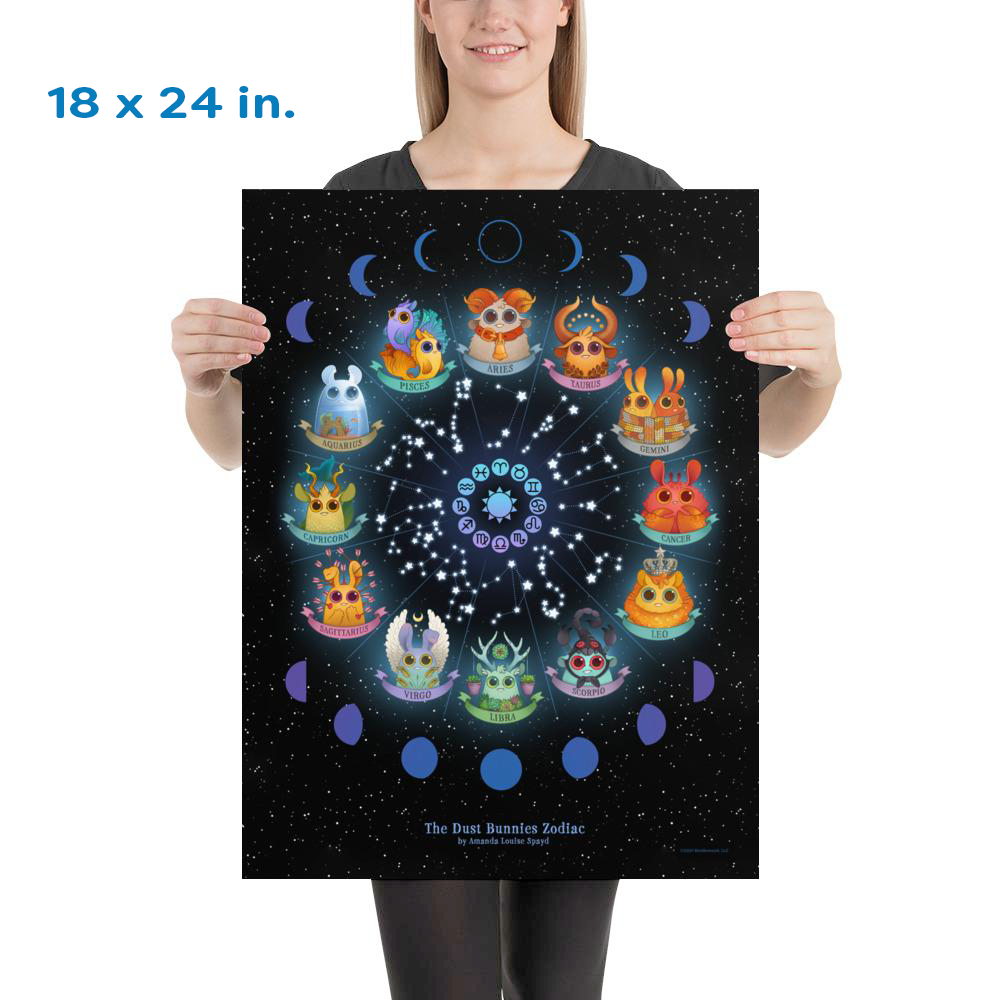 A woman holds an 18x24" Dust Bunnies Zodiac Poster by Bindlewood Shop, featuring cute zodiac animals in a circle, moon phases, and "The Dust Bunnies Zodiac" title on a starry background.