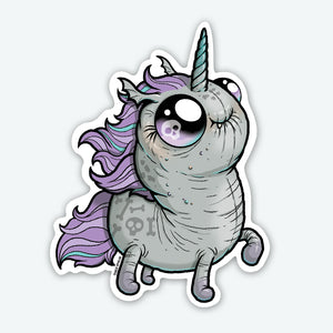 Goth Ponycorn Sticker of a cartoonish, chubby unicorn with a skull pattern on its body, designed by Chris Ryniak. It features a whimsical expression and a colorful mane and tail, completed with Bindlewood Shop.