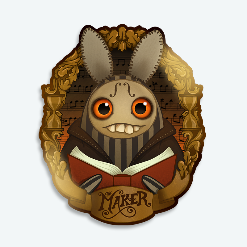 The Maker" Gold Sticker by Bindlewood Shop features a cute cartoon creature with big orange eyes and bunny ears, holding an open book in a gold ornate frame with musical notes—perfect as a durable vinyl sticker for your collection.