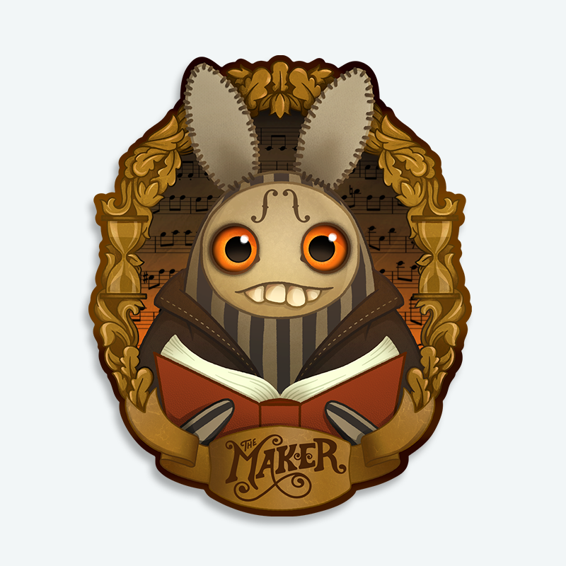 Bindlewood Shop’s "The Maker" Gold Sticker features a wide-eyed, smiling creature with big ears holding an open book, framed by golden laurels, notes, and trophies. “The Maker” appears on a ribbon—perfect as a playful durable vinyl sticker.