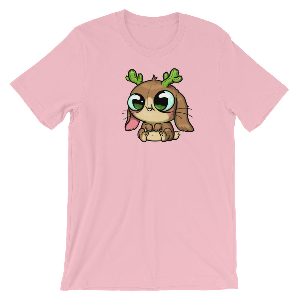 The Cactalope Tee by Bindlewood Shop features a cute, rabbit-like Cactalope designed by Chris Ryniak. This pink T-shirt highlights the creature's large eyes and tiny antlers, sitting adorably at the center, and provides a gender-neutral fit.