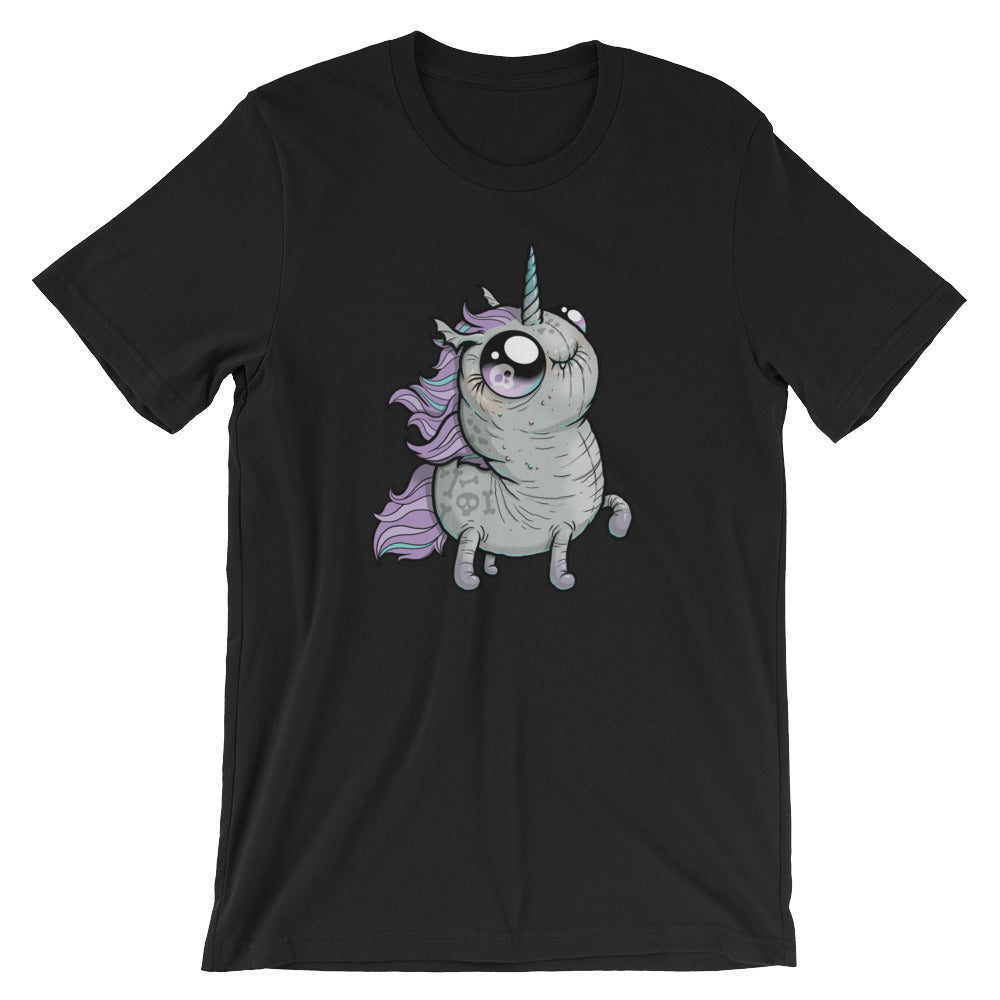 A black Goth Ponycorn Tee from Bindlewood Shop featuring an illustration of a chubby, adorable grey unicorn with a rainbow-colored mane and tail, and a small horn on its forehead. This T-shirt, made from high-quality fabric, boasts a gender-neutral fit and shows the unicorn with large, shiny eyes standing on its hind legs.