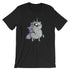 A black Goth Ponycorn Tee from Bindlewood Shop featuring an illustration of a chubby, adorable grey unicorn with a rainbow-colored mane and tail, and a small horn on its forehead. This T-shirt, made from high-quality fabric, boasts a gender-neutral fit and shows the unicorn with large, shiny eyes standing on its hind legs.