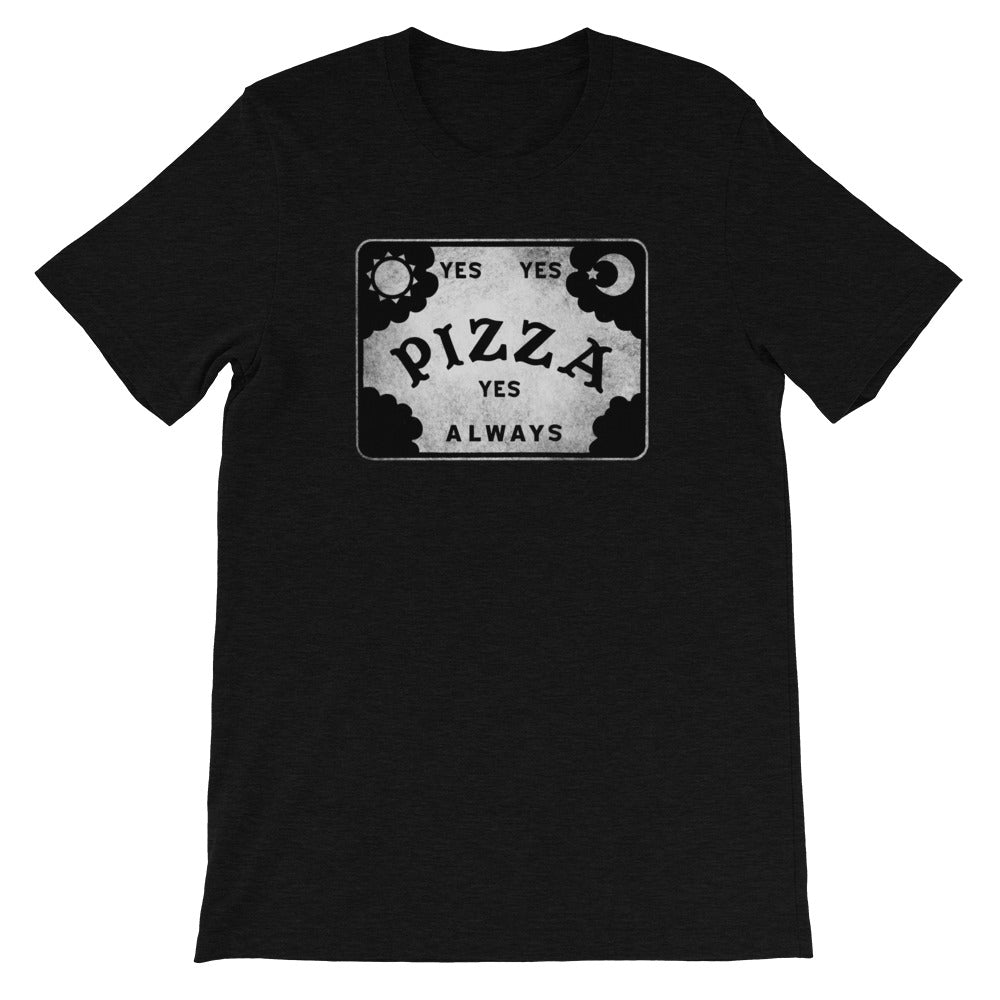 The Pizza Conjuring Board Tee from Bindlewood Shop features a gender-neutral fit and a vintage-inspired design. This black t-shirt showcases a graphic resembling a Ouija board with sun and moon illustrations, along with the words “YES YES PIZZA YES ALWAYS” inside a rectangular black and white motif. Each shirt is printed to order for you.