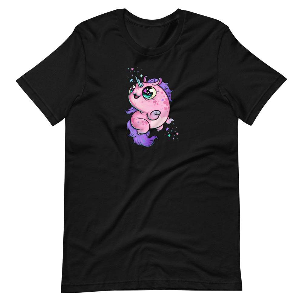 A cozy black T-shirt features a colorful illustration of Chris Ryniak's Floofy Unicorn Magic Tee from Bindlewood Shop, adorned with pink and purple colors, big eyes, and star decorations. The whimsical, adorable unicorn design complements the gender-neutral fit perfectly.