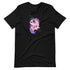 A cozy black T-shirt features a colorful illustration of Chris Ryniak's Floofy Unicorn Magic Tee from Bindlewood Shop, adorned with pink and purple colors, big eyes, and star decorations. The whimsical, adorable unicorn design complements the gender-neutral fit perfectly.