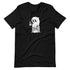Introducing the Good Mourning Tee by Bindlewood Shop: This black T-shirt features a small, cute ghost with large eyes sitting on a tombstone engraved with "RIP." The ghost is holding a steaming cup, adding a whimsical touch to the spooky design. The shirt has a cozy, vintage look and offers a gender-neutral fit, making it perfect for everyone.