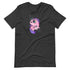 A cozy, dark gray T-shirt features Chris Ryniak's Floofy Unicorn Magic Tee from Bindlewood Shop: a cute cartoon drawing of a chubby pink unicorn with big eyes, a purple mane, and a small horn. The gender-neutral fit shirt showcases the smiling unicorn surrounded by colorful sparkles.