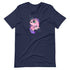 A navy blue, gender-neutral fit t-shirt featuring Chris Ryniak's Flooficorn—a cute, chubby pink unicorn with large, sparkling eyes and a lavender mane and tail. The unicorn is surrounded by colorful sparkles and stars, adding a whimsical touch to this cozy shirt design. This is the Floofy Unicorn Magic Tee from Bindlewood Shop.