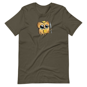 A green Bindlewood Shop Toastboy Tee with a cute, cartoonish owl wearing glasses and holding a pencil and a book, possibly depicting a studious and scholarly character. It has a gender-neutral fit.