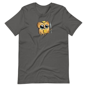 Heather charcoal gray Bindlewood Shop Toastboy Tee featuring an adorable cartoon owl wearing glasses and a backpack, with a gender-neutral fit, ready for a day of learning.