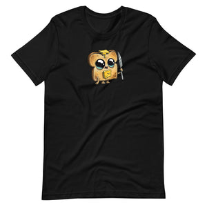 A black Bindlewood Shop Toastboy Tee featuring a cute, cartoon-like illustration of a brown owl wearing glasses and a yellow backpack with a gender-neutral fit.