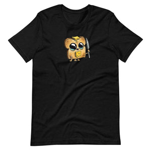 A black Bindlewood Shop Toastboy Tee with a cute cartoon owl wearing glasses and headphones design printed on the front, offering a gender-neutral fit.
