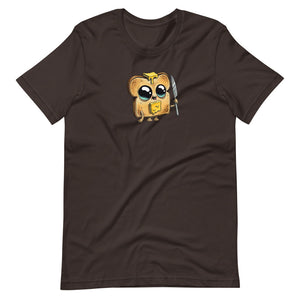 A brown, heather colors Toastboy Tee featuring a cute cartoon illustration of an owl wearing glasses and holding a pencil and a book, symbolizing wisdom and a love for learning. This Bindlewood Shop Toastboy Tee comes