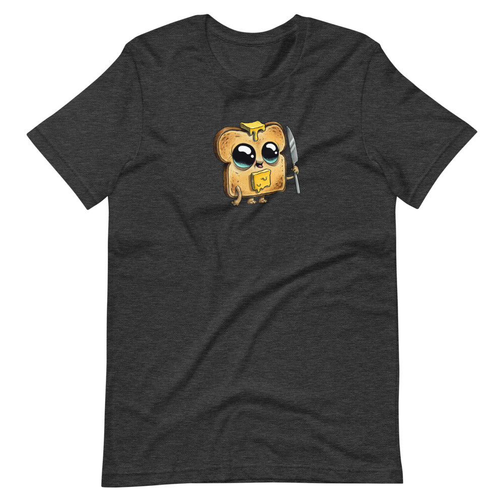 A cute cartoon toast character named Toastboy, with wide eyes wearing headphones, is printed on the front of a gender-neutral fit Toastboy Tee in Heather colors by Bindlewood Shop.