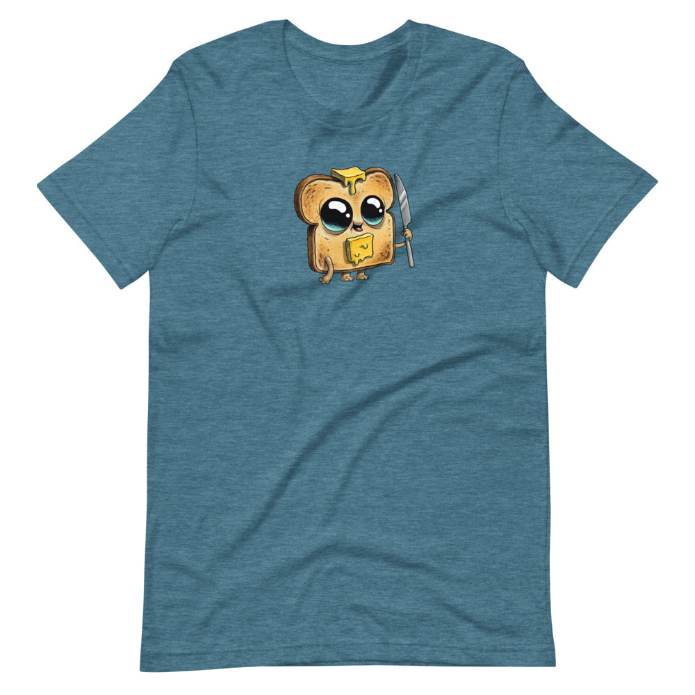 A blue Heather colors t-shirt featuring the Toastboy Tee from Bindlewood Shop, that is a combination of a slice of bread and an owl, holding a butter knife and wearing glasses.