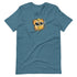 A blue Heather colors t-shirt featuring the Toastboy Tee from Bindlewood Shop, that is a combination of a slice of bread and an owl, holding a butter knife and wearing glasses.