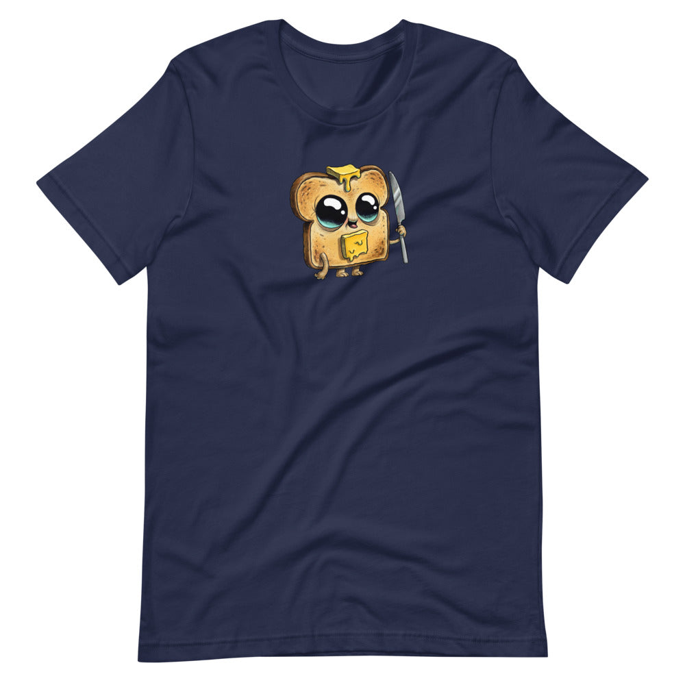 Navy blue Bindlewood Shop Toastboy Tee featuring a cute cartoon illustration of an owl with glasses, wearing a backpack and headphones, giving off a studious and music-loving vibe.
