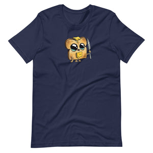 Navy blue Bindlewood Shop Toastboy Tee featuring a cute cartoon illustration of an owl with glasses, wearing a backpack and headphones, giving off a studious and music-loving vibe.