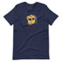 Navy blue Bindlewood Shop Toastboy Tee featuring a cute cartoon illustration of an owl with glasses, wearing a backpack and headphones, giving off a studious and music-loving vibe.