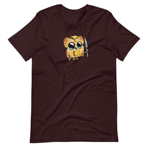 A brown, Heather colors Bindlewood Shop Toastboy Tee featuring an adorable cartoon illustration of an owl wearing glasses and a backpack, looking scholarly and ready for school, designed with a gender-neutral fit.
