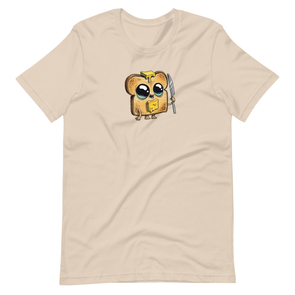 A Heather colors Bindlewood Shop Toastboy Tee with a cute, cartoonish illustration of a slice of bread in the form of a character with eyes, wearing glasses and carrying a backpack, suggesting a studious or scholarly