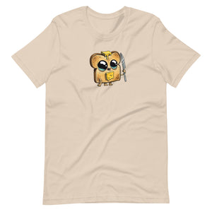 A Heather colors Bindlewood Shop Toastboy Tee with a cute, cartoonish illustration of a slice of bread in the form of a character with eyes, wearing glasses and carrying a backpack, suggesting a studious or scholarly